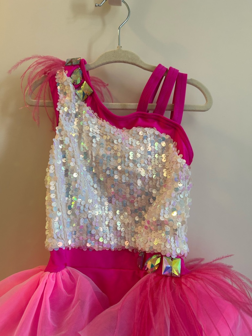 Weissman Hot Pink / White Sequin One-Shoulder Tutu Dance Costume - SC (6/6X) - Picture 8 of 12